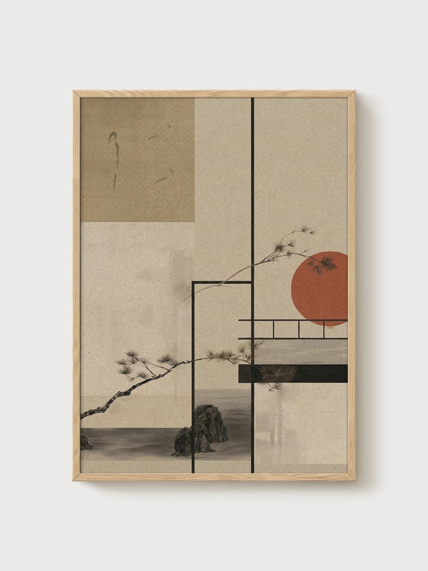 Japanese Pine Tree Print poster in oak frame