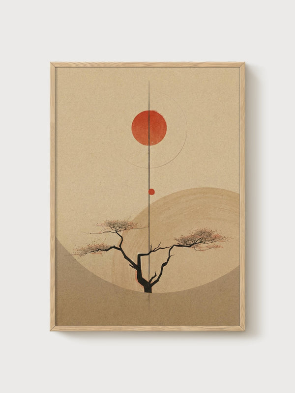 Minimalist Japanese Bonsai Tree Art poster in oak frame