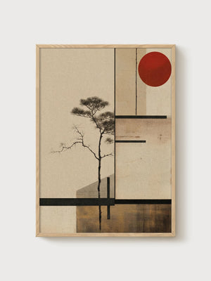 Minimalist Japanese Pine Tree Print poster in oak frame