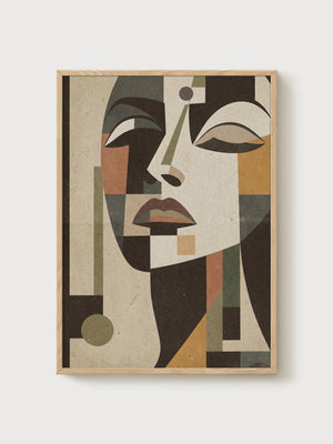 Mid Century Modern Cubist Woman Portrait poster in oak frame