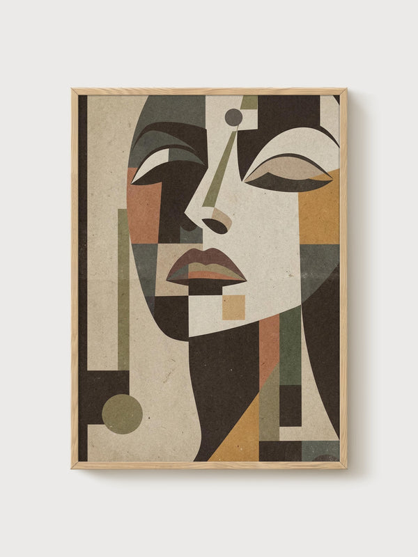 Mid Century Modern Cubist Woman Portrait poster in oak frame