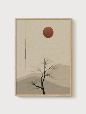Minimalist Japanese Tree Art poster in oak frame