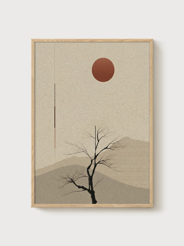 Minimalist Japanese Tree Art poster in oak frame