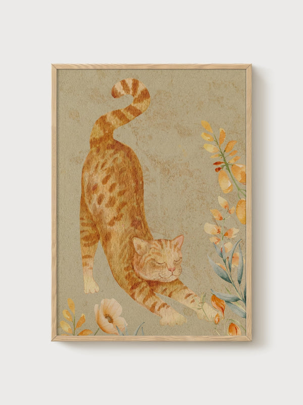 Vintage Orange Tabby Cat Print poster in oak frame