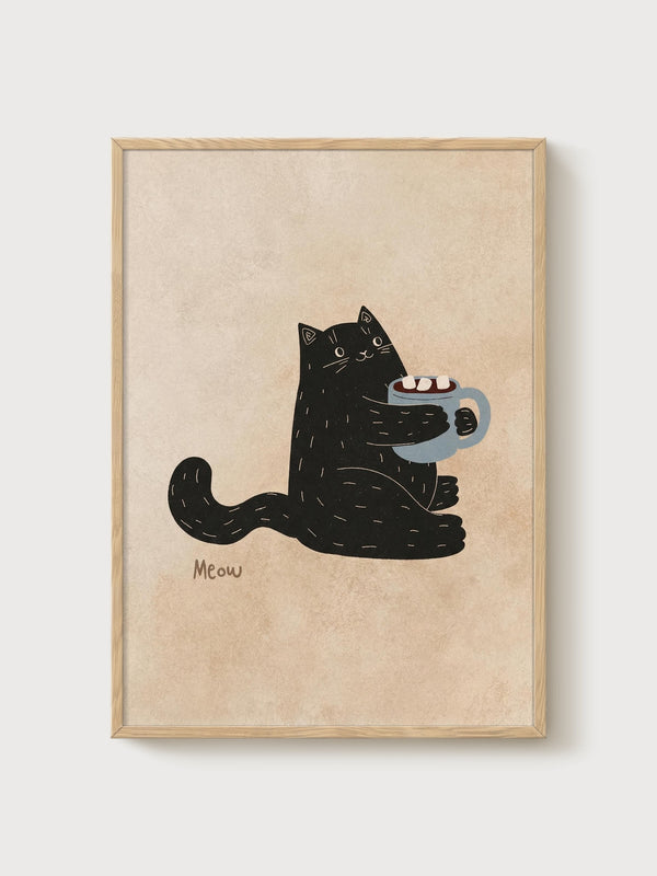 Black Cat Kawaii Print poster in oak frame