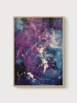 Purple Teal Abstract Wall Art poster in oak frame