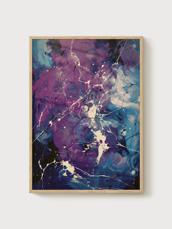 Purple Teal Abstract Wall Art poster in oak frame
