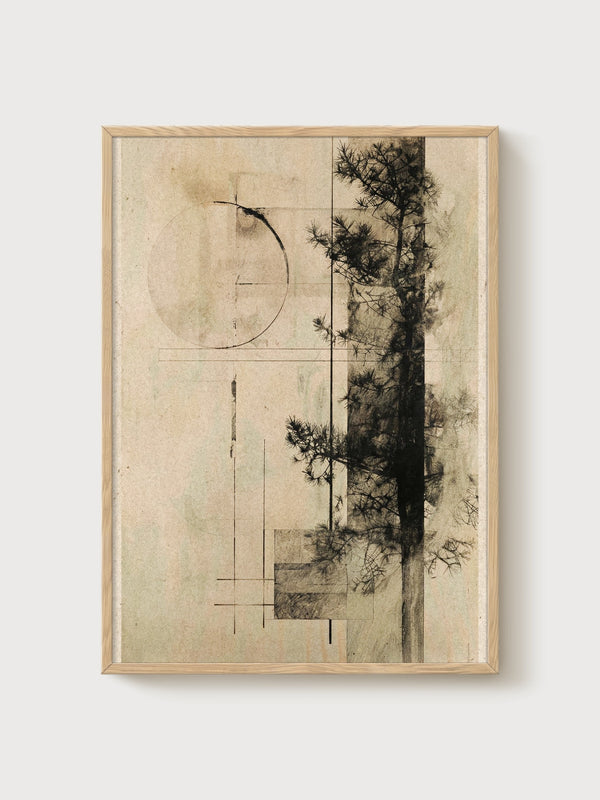 Minimalist Pine Tree Print poster in oak frame
