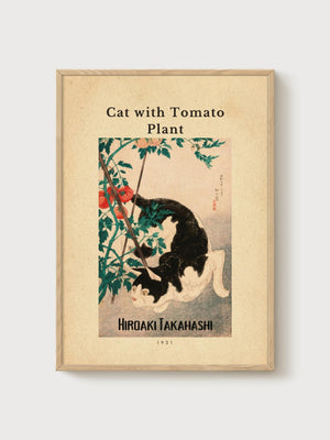 Cat Tomato Plant Print poster in oak frame