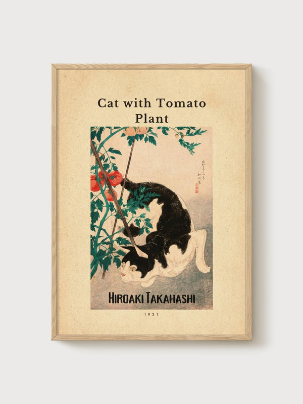Cat Tomato Plant Print poster in oak frame