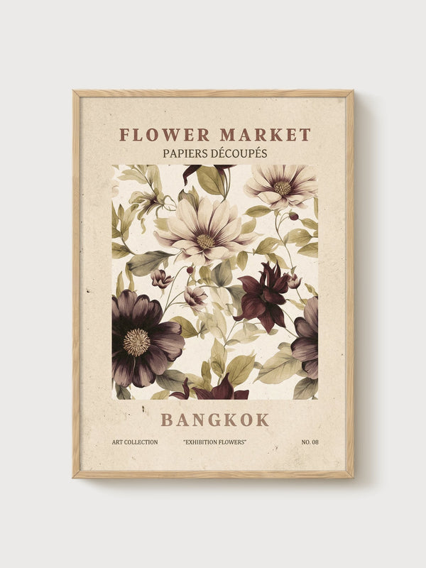 Vintage Flower Market Print poster in oak frame