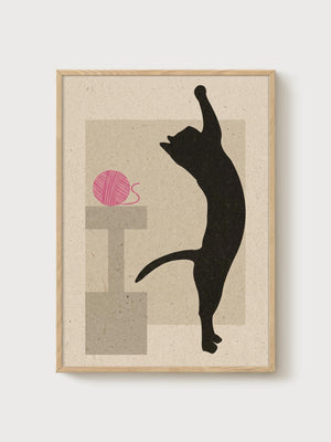 Minimalist Cat Print poster in oak frame