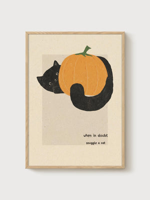 Black Cat Pumpkin Print poster in oak frame