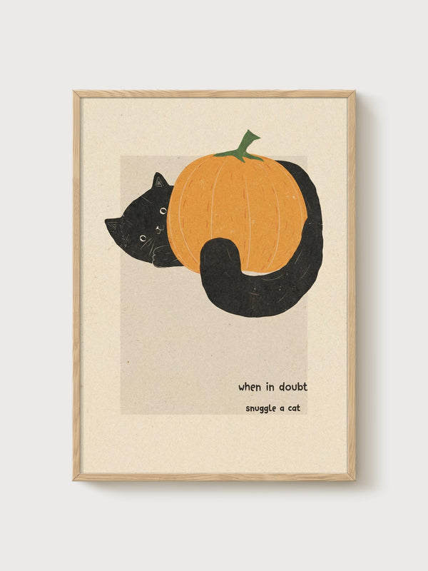 Black Cat Pumpkin Print poster in oak frame