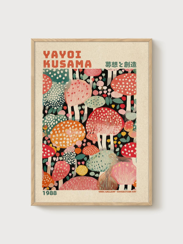 Yayoi Kusama Mushroom Print poster in oak frame