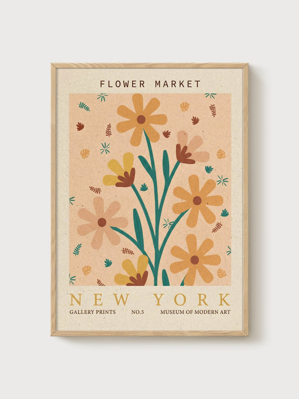 Mid Century Modern Flower Market Print poster in oak frame