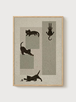 Minimalist Black Cat Print poster in oak frame