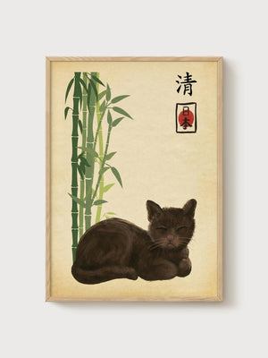 Japanese Cat Print poster in oak frame