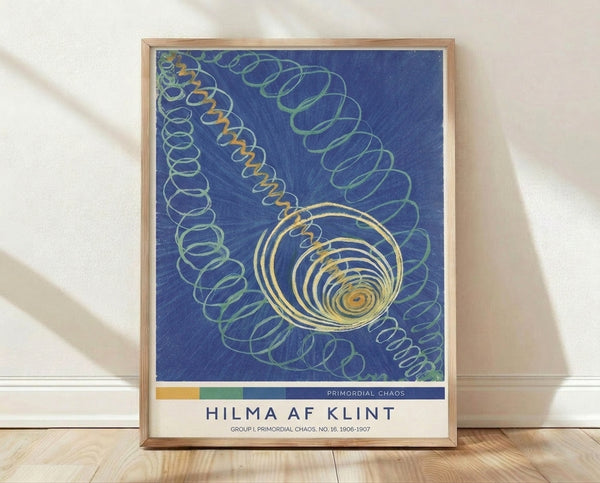 Abstract Bauhaus poster featuring concentric spirals and geometric circles in deep blue, pale green, and golden yellow tones, creating a meditative and cosmic composition on a framed wall art print.