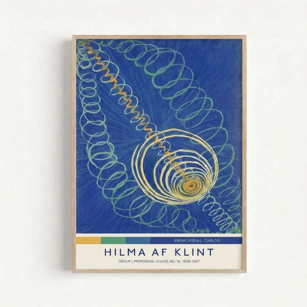 Minimalist wall art with transcendent spiral forms and layered geometric shapes in cream, blue, and green hues, evoking a sense of primordial cosmic energy in a framed poster design.
