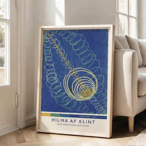 Bauhaus-inspired wall poster with concentric circular forms and spiral geometry in deep blue, pale green, and cream, radiating a transcendent and contemplative atmosphere.