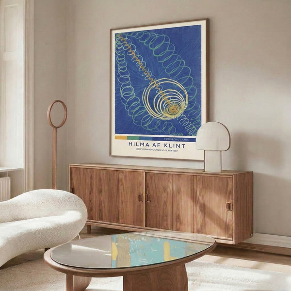 Framed geometric wall art with interconnected spirals and concentric forms rendered in deep blue, cream, and pale green tones, evoking meditative and transcendent sensations.