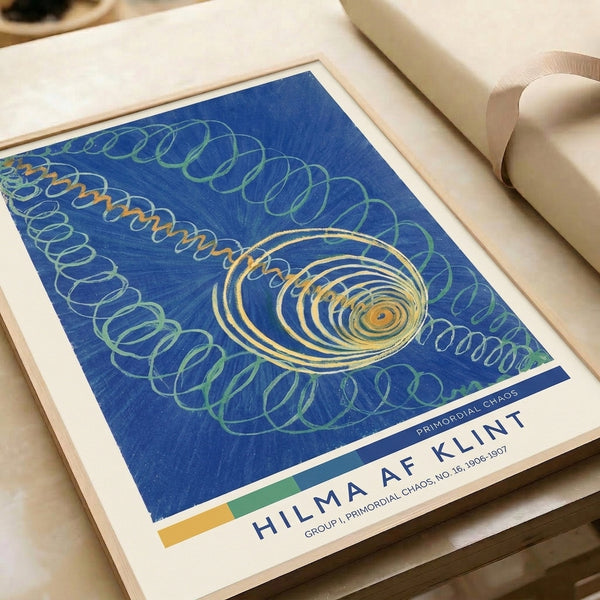 Abstract poster with radiating spiral and circular geometric design in muted palette of deep blue, golden yellow, pale green, and cream, conveying cosmic and contemplative mood.