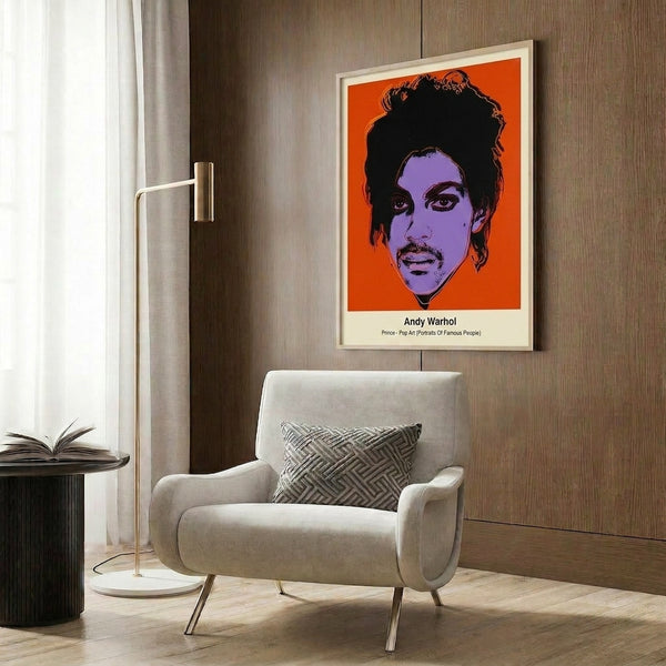 Eye-catching pop art poster of Prince rendered in vibrant electric blue, hot magenta, and yellow tones with graphic black detailing.