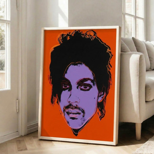 Vibrant pop art print of Prince with saturated colors and graphic portraiture, a bold contemporary wall decoration in pop art tradition.