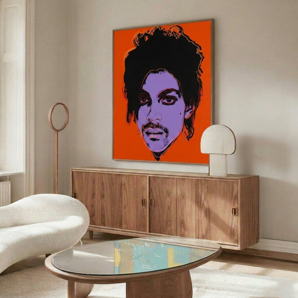 Prince portrait rendered in vivid pop art colors and style with dynamic graphic treatment, a contemporary framed art print for walls.