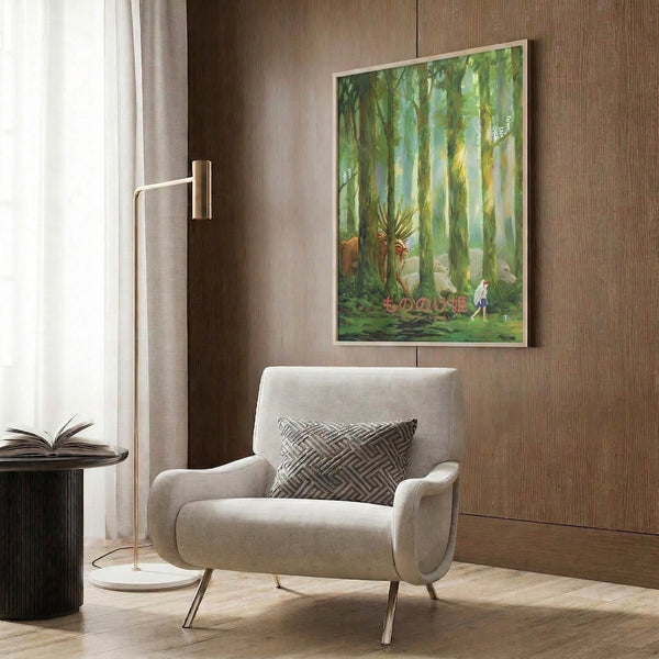 Whimsical Japandi-style forest spirit poster rendered in soft watercolor with a woman, wolves, and deer surrounded by ethereal woodland in muted greens and warm tones.