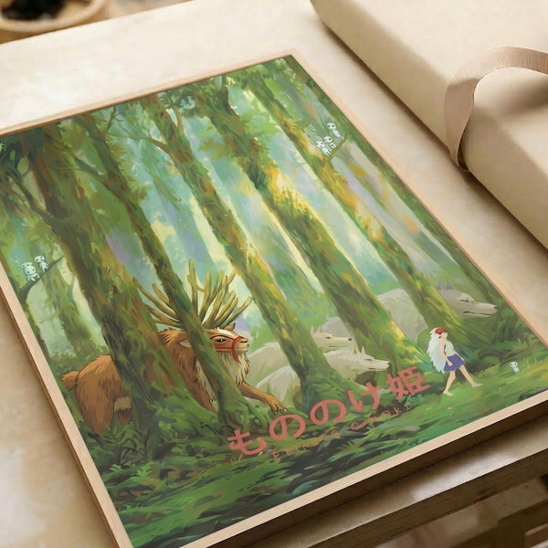Studio Ghibli-style framed poster of an enchanted forest with deer, wolves, and a spirit figure amidst trees, painted in delicate watercolor with forest green, blue, and soft cream tones.