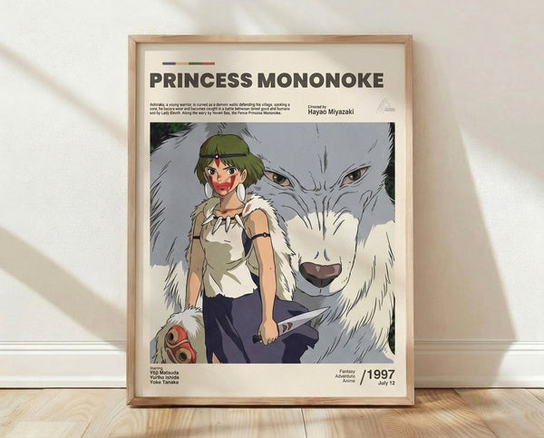 Framed anime poster featuring a fierce warrior woman with a wolf demon in muted sage green, slate blue, and burgundy tones, evoking an epic and mystical Studio Ghibli aesthetic.