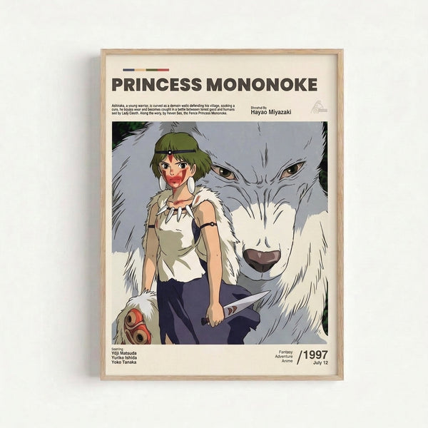 Art print showing a contemplative female warrior alongside a supernatural wolf creature against a cream and soft white background with moody nature-inspired colors.