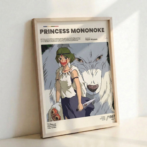 Vintage-style anime wall art depicting a determined woman warrior bonded with a demon wolf, rendered in soft earth tones and cool blues with an adventurous, mystical mood.