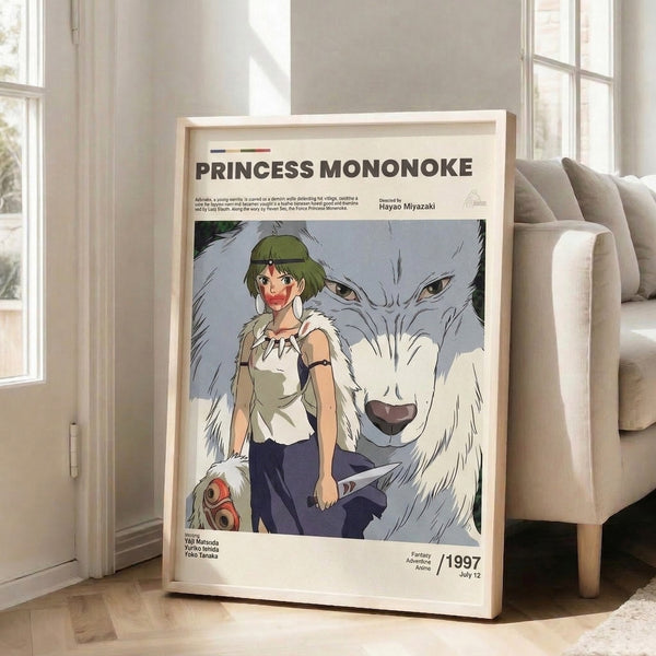 Framed Studio Ghibli-inspired poster of a warrior and wolf demon in muted burgundy, sage green, and slate blue hues, capturing an epic and nature-bound narrative.