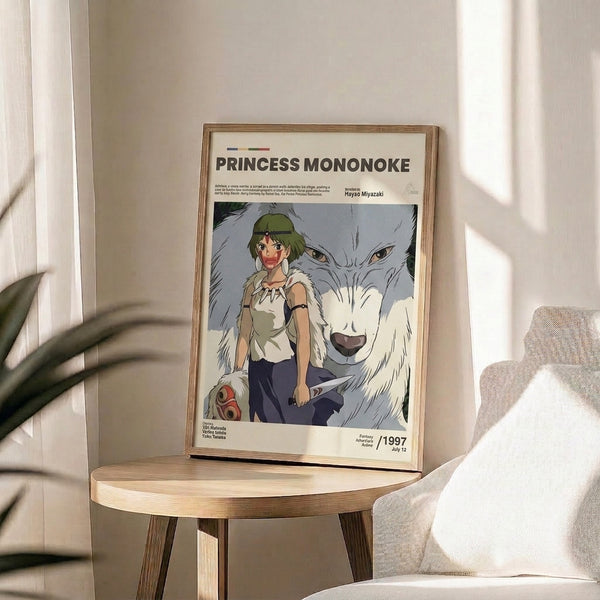 Anime art print displaying a courageous female protagonist with her wolf companion in a modern interpretation of classic Ghibli palette, moody and mystically rendered.