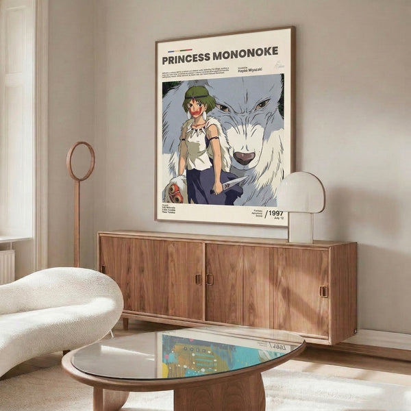 Poster print featuring an adventurous warrior woman and demon wolf in soft whites, creams, and slate blue tones, evoking epic fantasy and spiritual connection.