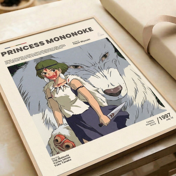 Framed anime artwork showing a fierce woman warrior bonded with a mythical wolf in muted burgundy and sage green, capturing mystical and nature-bound themes.
