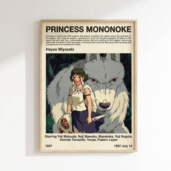 Studio Ghibli art print showing San with wolf companions in a cream and deep blue palette, capturing the nature-bound mood of this iconic anime character.
