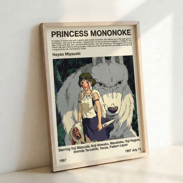 Vintage-style anime poster depicting the wolf god princess in pale gray and forest green, evoking an epic and mystical woodland atmosphere.