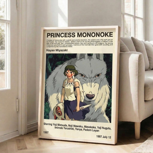 Framed wall art of San from Princess Mononoke rendered in earthy browns and cool blue tones, radiating spiritual strength and connection to nature.