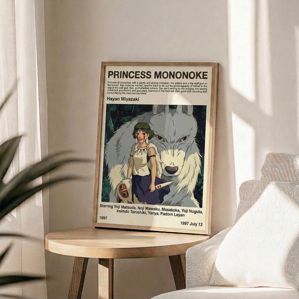 Anime art print featuring the wolf princess in a Ghibli aesthetic, blending cream, forest green, and pale gray for a powerful, enchanted forest feeling.