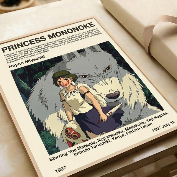 Framed Princess Mononoke art displaying San's powerful, spiritual form amid forest greens and neutral tones in classic anime illustration style.