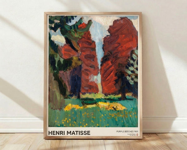 Matisse's serene landscape featuring purple beech trees towering over a sunlit meadow with golden wildflowers, rendered in warm rust and forest green tones with impressionist brushwork.