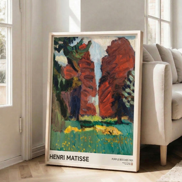 Framed modern art print depicting a quiet wooded valley with stately purple beech trees, lush forest greens, and a wildflower meadow in warm golden and rust tones.