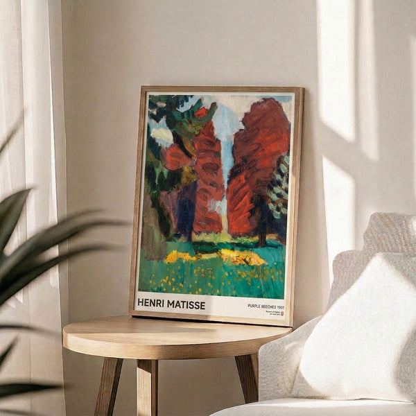 Modern interpretation of an Impressionist landscape showing majestic purple beeches sheltering a sunlit meadow of golden flowers against cream and forest green accents.