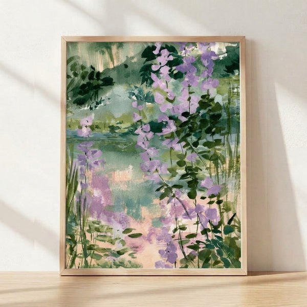 Serene watercolor landscape painting featuring lavender wisteria flowers and lush green vegetation beside a teal pond, rendered in soft impressionist style with muted purple and cream tones.