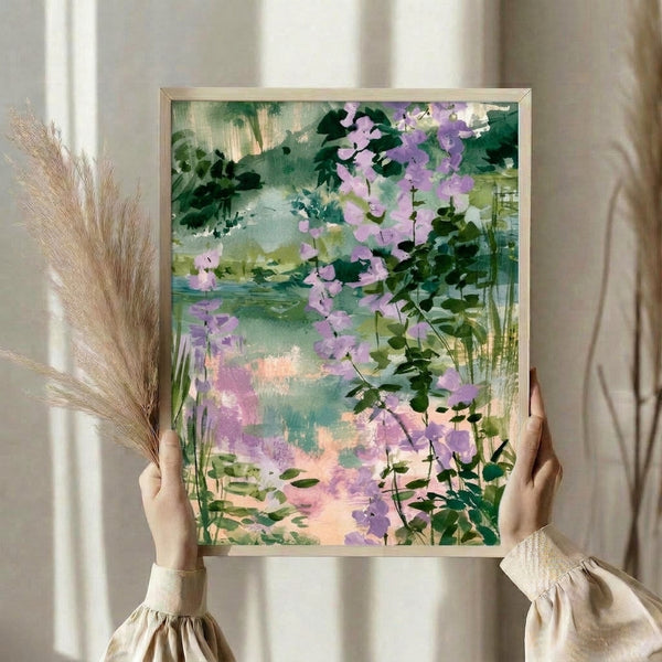 Contemplative watercolor scene of wisteria flowers and leafy foliage in dusty purple and soft cream, reflecting in deep teal water with impressionist brushwork.