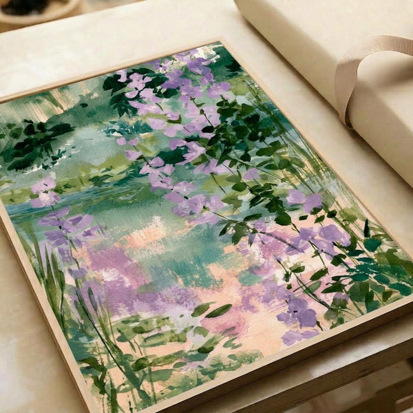 Soft watercolor botanical art showing lavender wisteria branches and garden vegetation beside a serene pond in muted sage and teal tones, peaceful impressionist style.